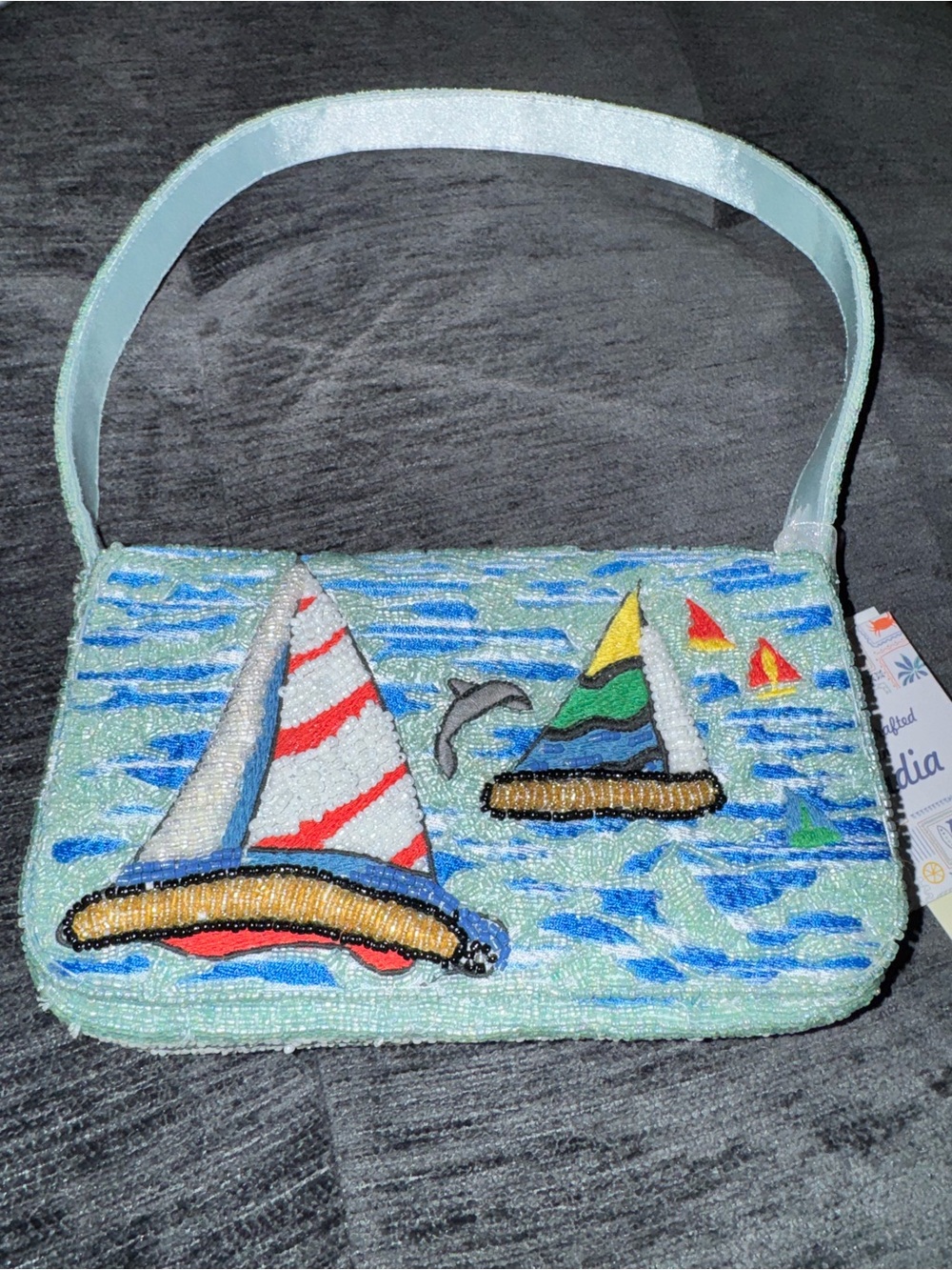 Beaded Sailboat Shoulder Bag in Light Blue